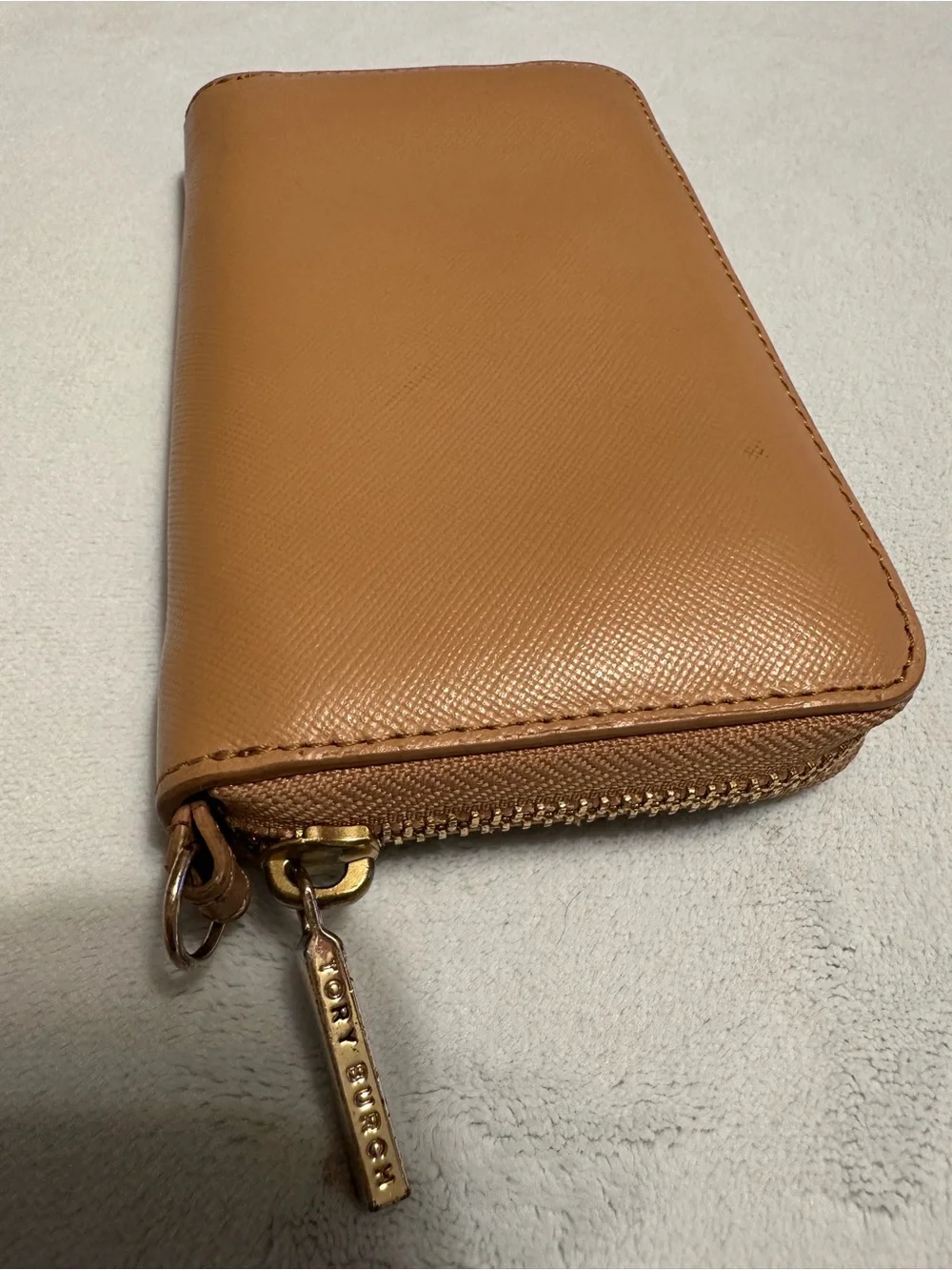 Tory Burch Beige Saffiano Leather Zip Card Holder